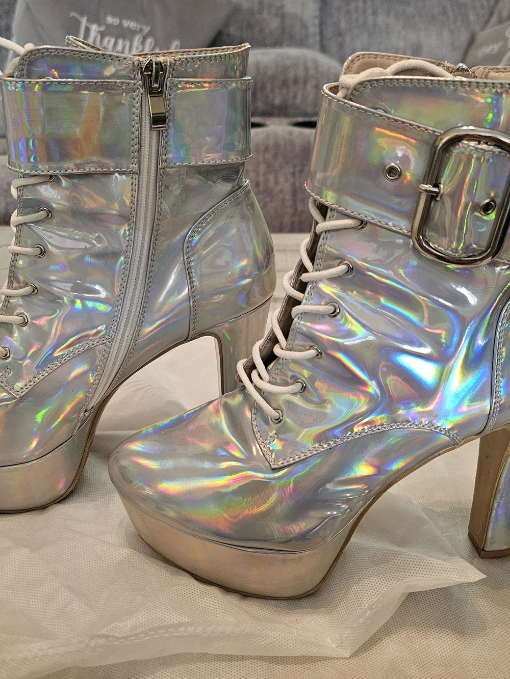 Holographic Silver Platform Lace-Up Ankle Boots with Buckle